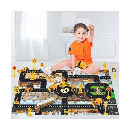 Small Diecast Construction Vehicle Toy Truck w/ Play Mat Road Signs - 23 Pcs Mini Forklift Bulldozer Excavator Mixer Dump Tru...
