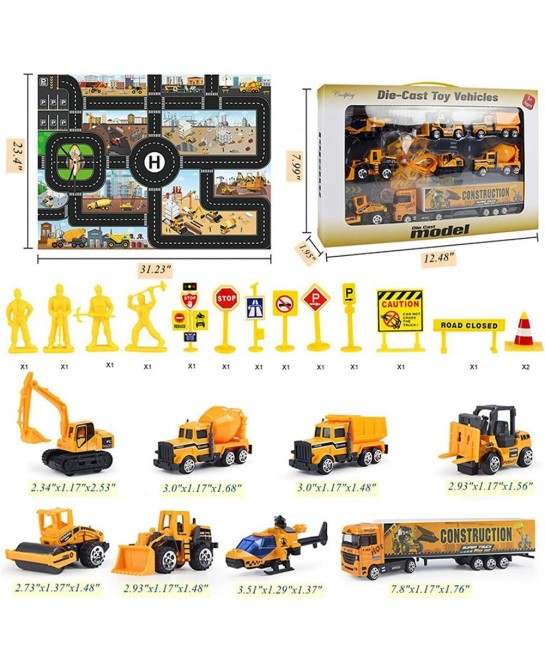 Small Diecast Construction Vehicle Toy Truck w/ Play Mat Road Signs - 23 Pcs Mini Forklift Bulldozer Excavator Mixer Dump Tru...