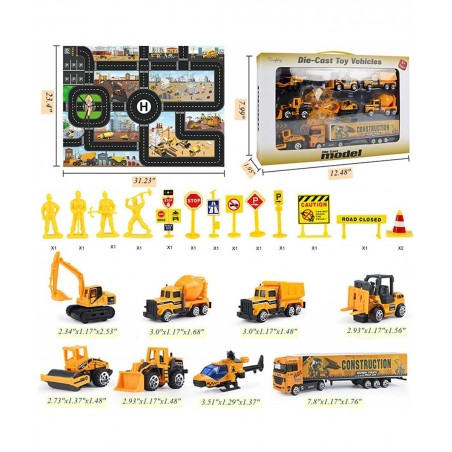 Small Diecast Construction Vehicle Toy Truck w/ Play Mat Road Signs - 23 Pcs Mini Forklift Bulldozer Excavator Mixer Dump Tru...