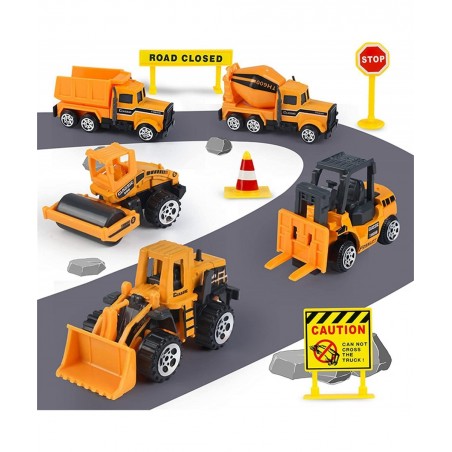 Small Diecast Construction Vehicle Toy Truck w/ Play Mat Road Signs - 23 Pcs Mini Forklift Bulldozer Excavator Mixer Dump Tru...