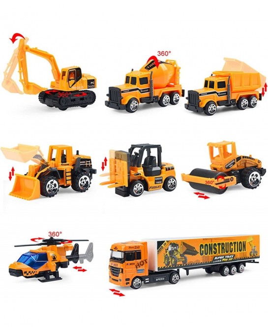 Small Diecast Construction Vehicle Toy Truck w/ Play Mat Road Signs - 23 Pcs Mini Forklift Bulldozer Excavator Mixer Dump Tru...