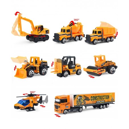 Small Diecast Construction Vehicle Toy Truck w/ Play Mat Road Signs - 23 Pcs Mini Forklift Bulldozer Excavator Mixer Dump Tru...