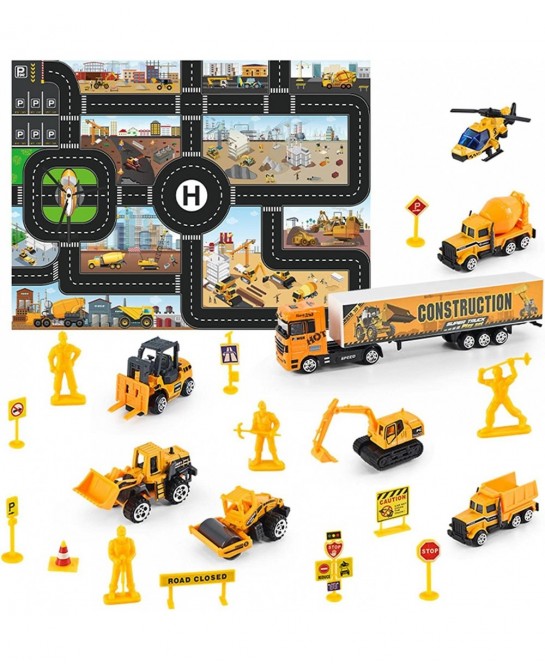 Small Diecast Construction Vehicle Toy Truck w/ Play Mat Road Signs - 23 Pcs Mini Forklift Bulldozer Excavator Mixer Dump Tru...