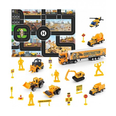 Small Diecast Construction Vehicle Toy Truck w/ Play Mat Road Signs - 23 Pcs Mini Forklift Bulldozer Excavator Mixer Dump Tru...