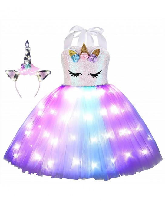 Girls Unicorn Princess Costume LED Light Up Birthday Party Outfit Halloween Tutu Dress with Headband $38.64 Kids' Costumes