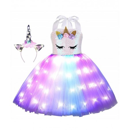 Girls Unicorn Princess Costume LED Light Up Birthday Party Outfit Halloween Tutu Dress with Headband $38.64 Kids' Costumes
