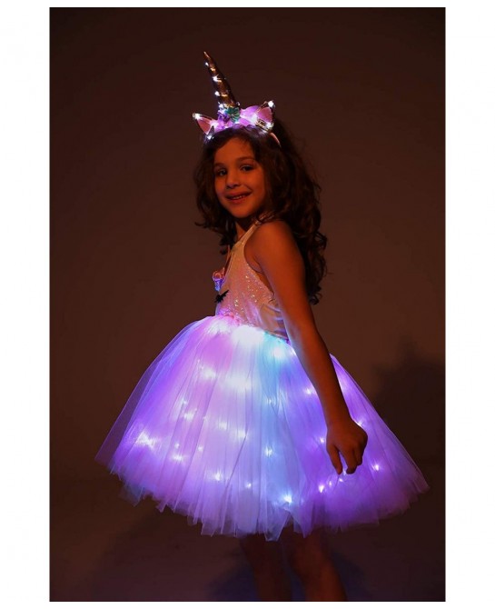 Girls Unicorn Princess Costume LED Light Up Birthday Party Outfit Halloween Tutu Dress with Headband $38.64 Kids' Costumes