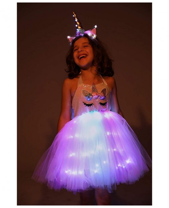 Girls Unicorn Princess Costume LED Light Up Birthday Party Outfit Halloween Tutu Dress with Headband $38.64 Kids' Costumes