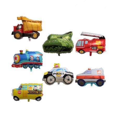 7PCS Train Ambulance Police Car School Bus Fire Truck Tank Foil Balloons Vehicles Balloons for Child Birthday Party Supplies ...