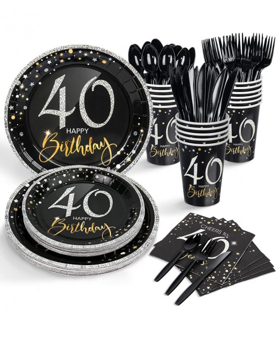 40th Birthday Plates and Napkins Set for 24 40 Birthday Decorations for Men 12oz Cups 48 Napkins Knives Forks Spoons Included...