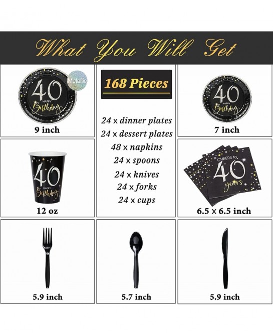 40th Birthday Plates and Napkins Set for 24 40 Birthday Decorations for Men 12oz Cups 48 Napkins Knives Forks Spoons Included...