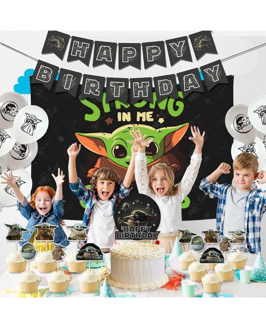 Baby Yoda Birthday Decorations Baby Yoda Party Supplies Party Favors with Backdrop/Banner/Balloons/Cake Topper/Cupcake Topper...