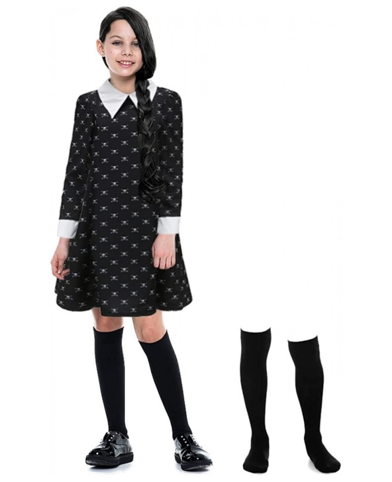 Girls Wednesday Addams Costume Dress Kids Family Halloween Costumes with Socks Skull Long Sleeve Pugsley Cosplay Party $49.82...