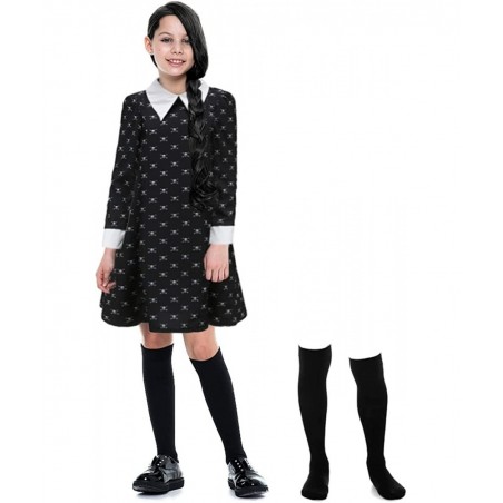 Girls Wednesday Addams Costume Dress Kids Family Halloween Costumes with Socks Skull Long Sleeve Pugsley Cosplay Party $49.82...