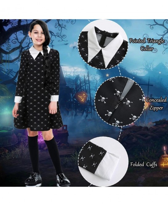 Girls Wednesday Addams Costume Dress Kids Family Halloween Costumes with Socks Skull Long Sleeve Pugsley Cosplay Party $49.82...