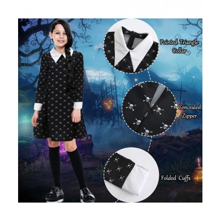 Girls Wednesday Addams Costume Dress Kids Family Halloween Costumes with Socks Skull Long Sleeve Pugsley Cosplay Party $49.82...