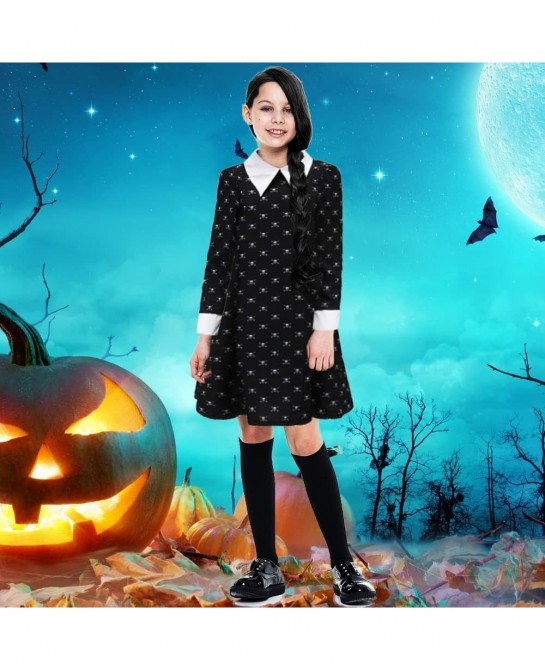 Girls Wednesday Addams Costume Dress Kids Family Halloween Costumes with Socks Skull Long Sleeve Pugsley Cosplay Party $49.82...