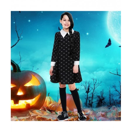 Girls Wednesday Addams Costume Dress Kids Family Halloween Costumes with Socks Skull Long Sleeve Pugsley Cosplay Party $49.82...