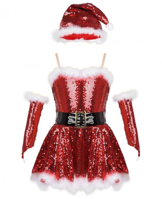 Kids Girls Christmas Santa Dance Show Costume Figure Ice Skating Ballet Dance Dress $33.39 Kids' Costumes