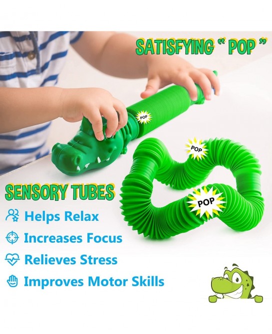 Pop Tubes Gator Pop Tube - Sensory Tubes Fidget Toy - Fun Alligator Toys for Toddlers & Kids All Ages - Best Fidgets Popping ...