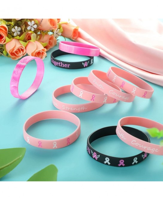 Breast Cancer Awareness Bracelets Silicone Pink Ribbon Wristband Hope Faith Strength Courage Inspiring Support Wristband $26....