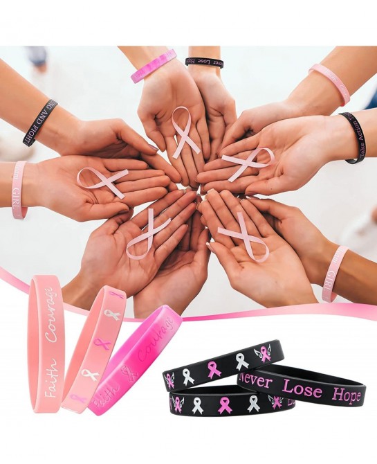 Breast Cancer Awareness Bracelets Silicone Pink Ribbon Wristband Hope Faith Strength Courage Inspiring Support Wristband $26....