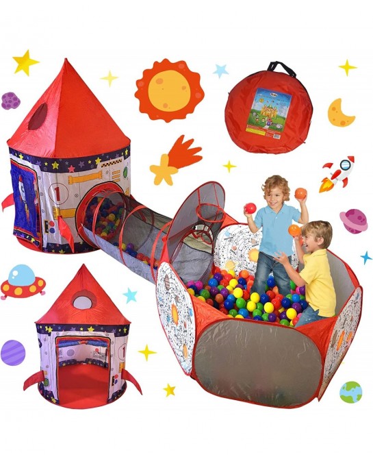 3pc Rocket Ship Astronaut Kids Play Tent Tunnel & Ball Pit with Basketball Hoop Toys for Boys Girls Babies and Toddlers - STE...