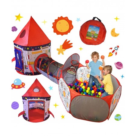 3pc Rocket Ship Astronaut Kids Play Tent Tunnel & Ball Pit with Basketball Hoop Toys for Boys Girls Babies and Toddlers - STE...