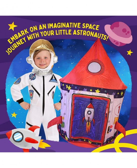 3pc Rocket Ship Astronaut Kids Play Tent Tunnel & Ball Pit with Basketball Hoop Toys for Boys Girls Babies and Toddlers - STE...