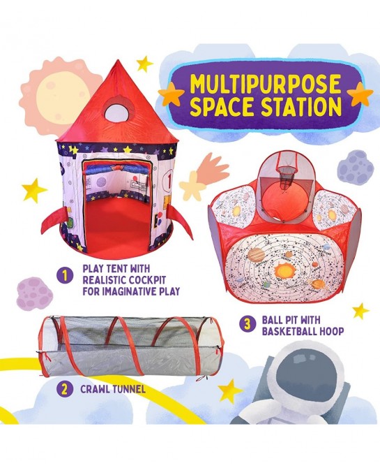 3pc Rocket Ship Astronaut Kids Play Tent Tunnel & Ball Pit with Basketball Hoop Toys for Boys Girls Babies and Toddlers - STE...