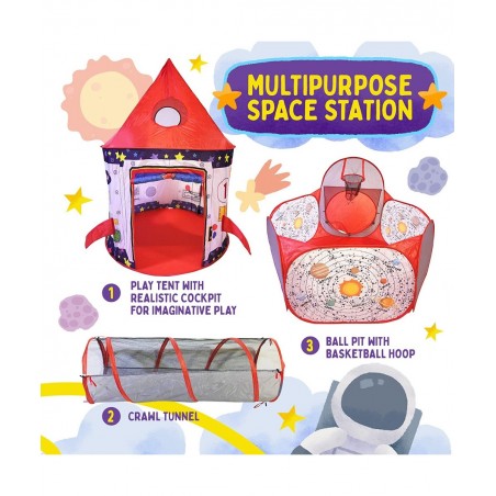 3pc Rocket Ship Astronaut Kids Play Tent Tunnel & Ball Pit with Basketball Hoop Toys for Boys Girls Babies and Toddlers - STE...