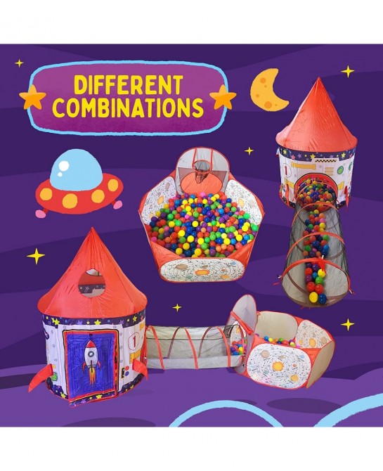 3pc Rocket Ship Astronaut Kids Play Tent Tunnel & Ball Pit with Basketball Hoop Toys for Boys Girls Babies and Toddlers - STE...
