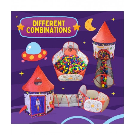 3pc Rocket Ship Astronaut Kids Play Tent Tunnel & Ball Pit with Basketball Hoop Toys for Boys Girls Babies and Toddlers - STE...