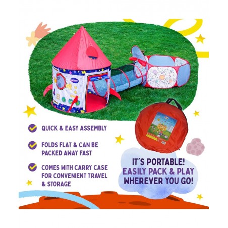 3pc Rocket Ship Astronaut Kids Play Tent Tunnel & Ball Pit with Basketball Hoop Toys for Boys Girls Babies and Toddlers - STE...