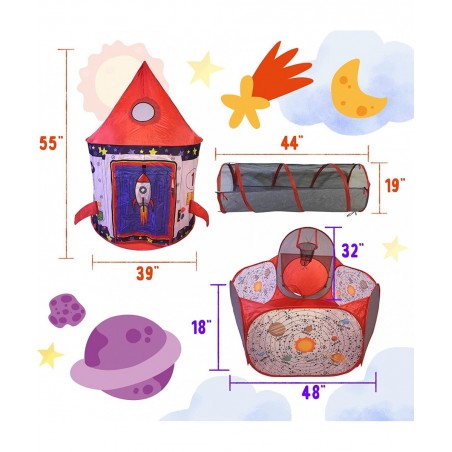 3pc Rocket Ship Astronaut Kids Play Tent Tunnel & Ball Pit with Basketball Hoop Toys for Boys Girls Babies and Toddlers - STE...
