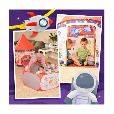 3pc Rocket Ship Astronaut Kids Play Tent Tunnel & Ball Pit with Basketball Hoop Toys for Boys Girls Babies and Toddlers - STE...