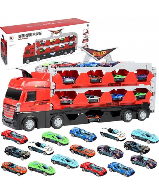 2023 New Mega Hauler Truck with Ejection Race Track Car Transporter Truck Toy Set Big Truck Folding Storage Race Car Track De...