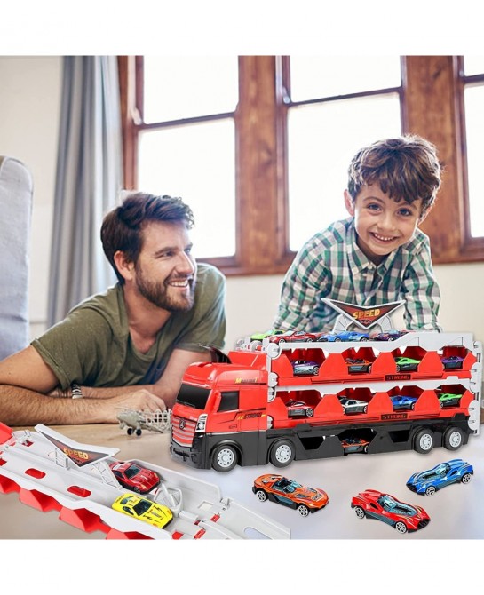 2023 New Mega Hauler Truck with Ejection Race Track Car Transporter Truck Toy Set Big Truck Folding Storage Race Car Track De...