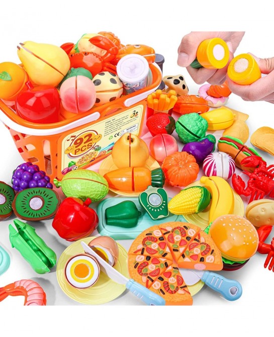 92 PCS Cutting Play Food Toy for Kids Kitchen Play Food Toy Vegetables & Fruit Accessories Shopping Basket Play Food Toy Plas...