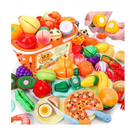 92 PCS Cutting Play Food Toy for Kids Kitchen Play Food Toy Vegetables & Fruit Accessories Shopping Basket Play Food Toy Plas...