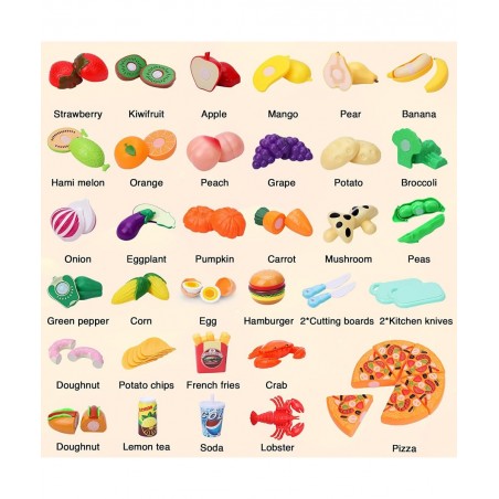 92 PCS Cutting Play Food Toy for Kids Kitchen Play Food Toy Vegetables & Fruit Accessories Shopping Basket Play Food Toy Plas...