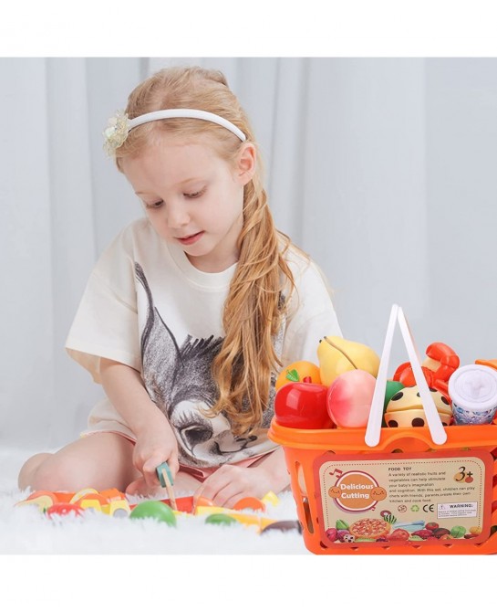92 PCS Cutting Play Food Toy for Kids Kitchen Play Food Toy Vegetables & Fruit Accessories Shopping Basket Play Food Toy Plas...