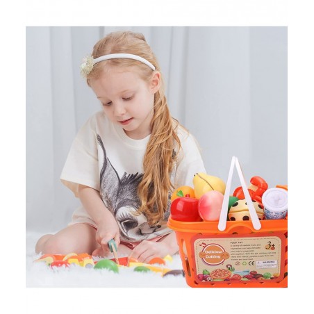92 PCS Cutting Play Food Toy for Kids Kitchen Play Food Toy Vegetables & Fruit Accessories Shopping Basket Play Food Toy Plas...