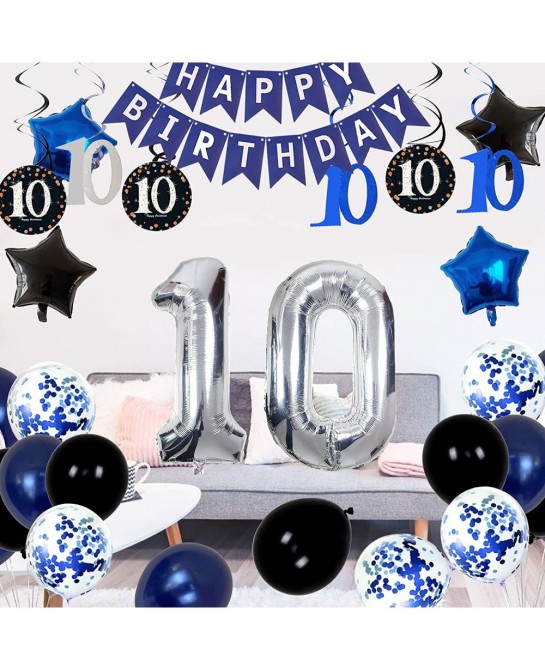 10th Birthday Decorations for Boys Girls - Navy Blue Birthday Decorations For Teenager Kids Party Supplies Including HAPPY BI...