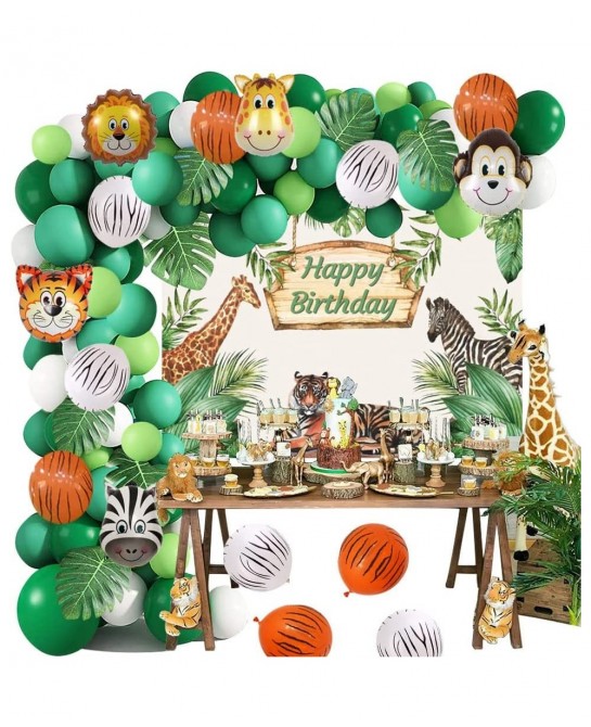 Safari Birthday Decorations for Boy Jungle Theme Party Supplies Green Balloon Garland Arch Kit with Happy Birthday Backdrop A...