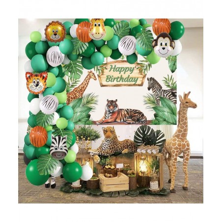 Safari Birthday Decorations for Boy Jungle Theme Party Supplies Green Balloon Garland Arch Kit with Happy Birthday Backdrop A...