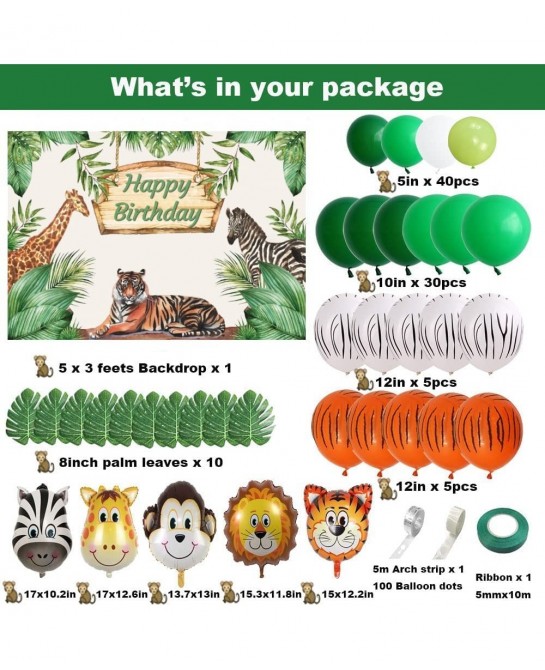 Safari Birthday Decorations for Boy Jungle Theme Party Supplies Green Balloon Garland Arch Kit with Happy Birthday Backdrop A...