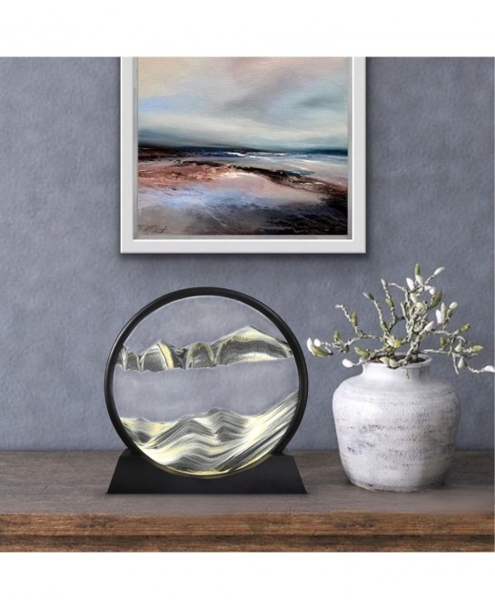3D Moving Sand Art Liquid Flowing Colored Sand Decor-Round Glass Deep Sea Sandscape in Motion Display Flowing Sand Frame Larg...