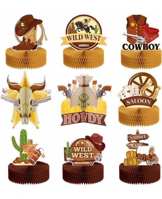 9 Pcs Wild West Cowboy Honeycomb Centerpieces Wild West Party Decoration Wild West Cowboy Table Centerpieces 3D Cowboy Table ...