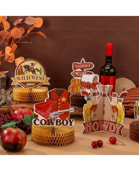 9 Pcs Wild West Cowboy Honeycomb Centerpieces Wild West Party Decoration Wild West Cowboy Table Centerpieces 3D Cowboy Table ...